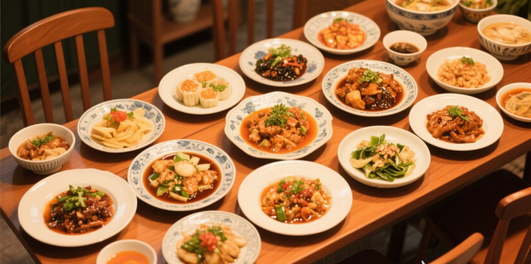 jimeng-2026-10-07-5759-一大桌美食，八大菜系应有尽有，日系摄影风格，画面温暖明亮.png