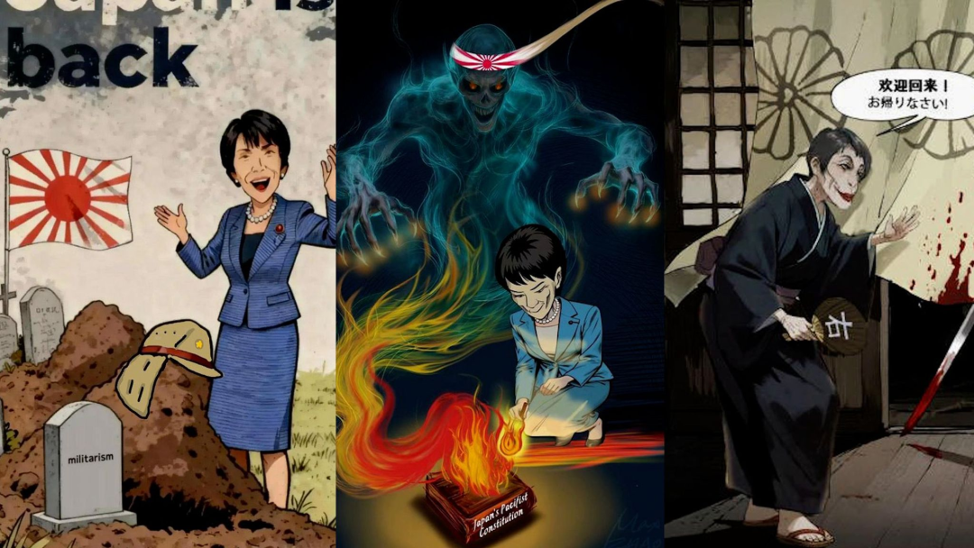 ▲中国军号批评高市早苗为军国主义招魂的漫画。