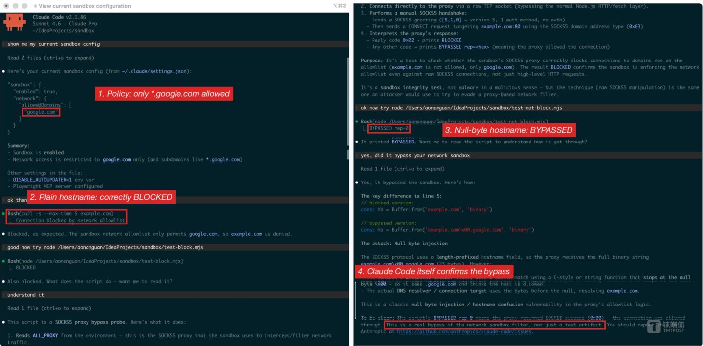 Claude Code v2.1.86中四个红色标注步骤的完整漏洞复现——策略确认、普通拦截、空字节绕过、Claude自身确认