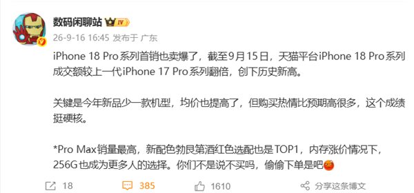 iPhone 18 Pro系列首销卖爆!天猫成交额翻倍:创历史新高