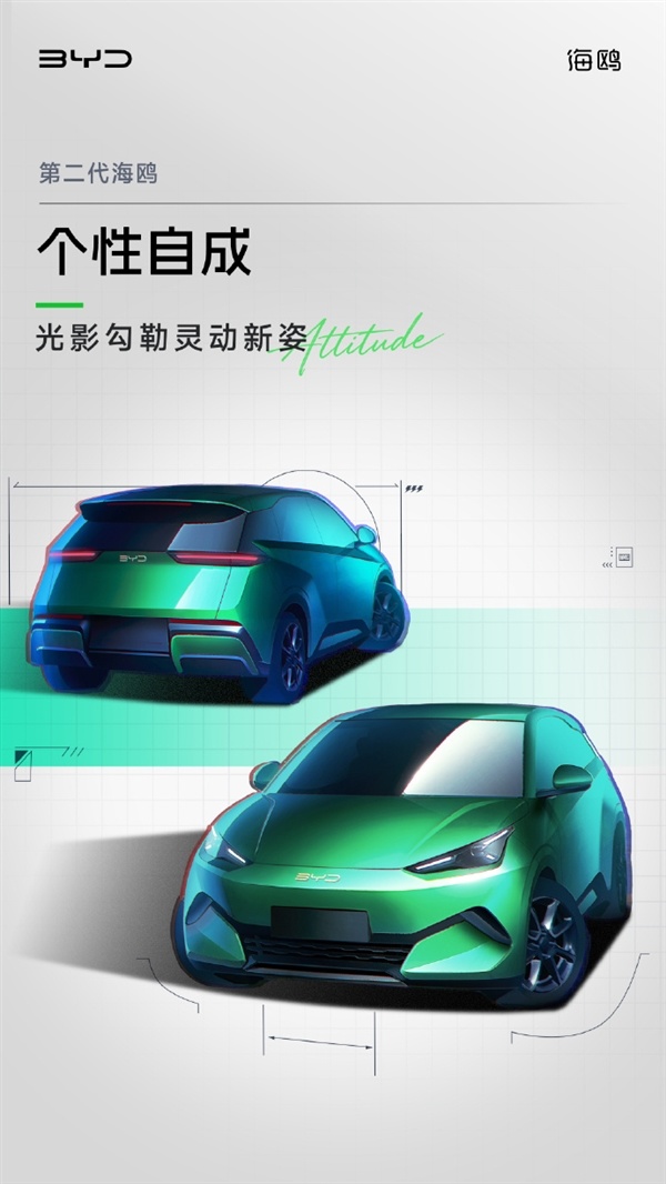 前脸换三叉戟灯组!比亚迪第二代海鸥设计图曝光:车长暴增