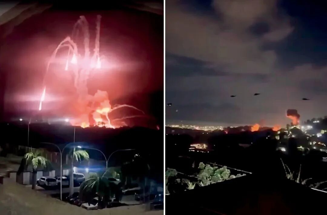 左图、右图：2026年1月3日凌晨，美军袭击委内瑞拉首都加拉加斯。（视频截图）