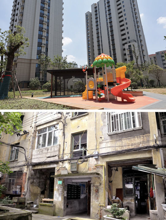 拼版照片:上图为完成改造的上海彭浦新村彭一小区外景(2025年6月27日摄,新华社记者方喆摄);下图为改造前的彭一小区外景(资料照片)。新华社发