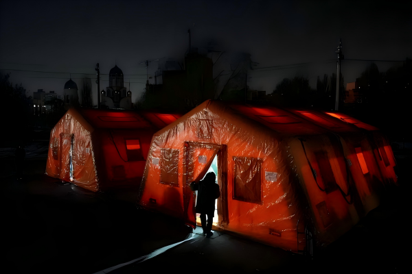 由于高楼内断水断电断暖,乌克兰政府搭建了一些帐篷来供居民过夜取暖 路透社