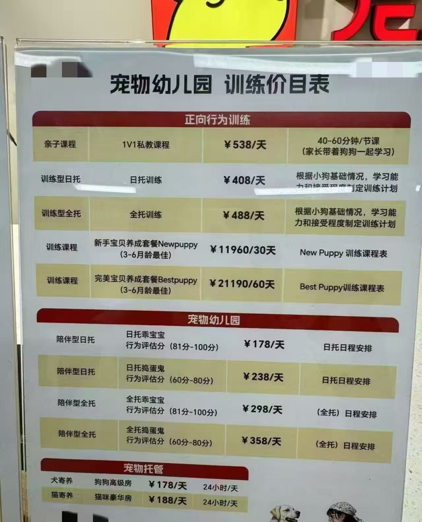 北京某宠物托管中心价目表图片来自网络