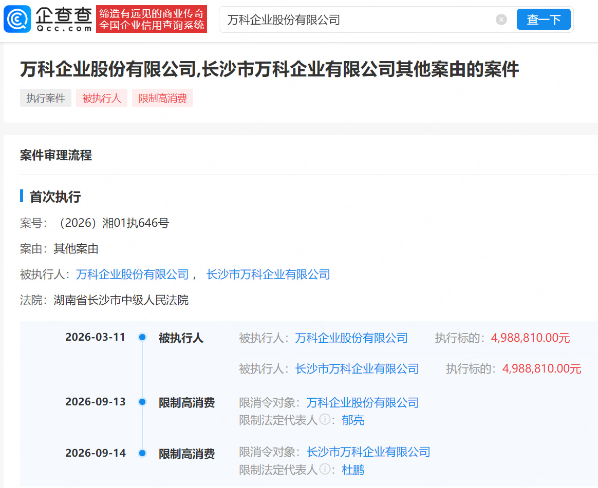 【万科及其子公司被限消】万科涉498万案款被限消 企查查APP显示,