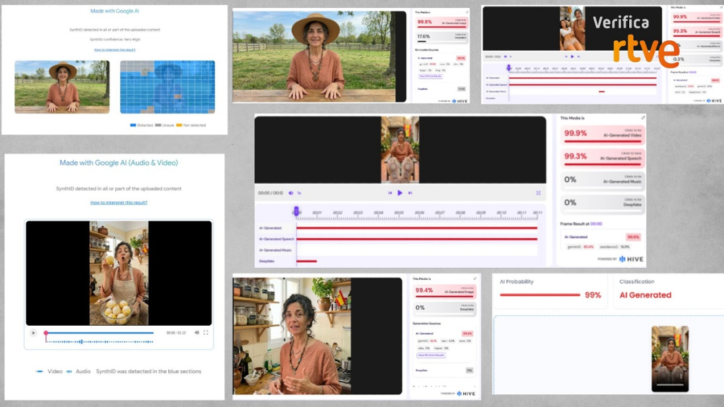 Hive、TruthScan和Google SynthID检测到Sof&iacute;a Salud en Casa账号中的照片和视频均由人工智能生成。图源VerificaRTVE