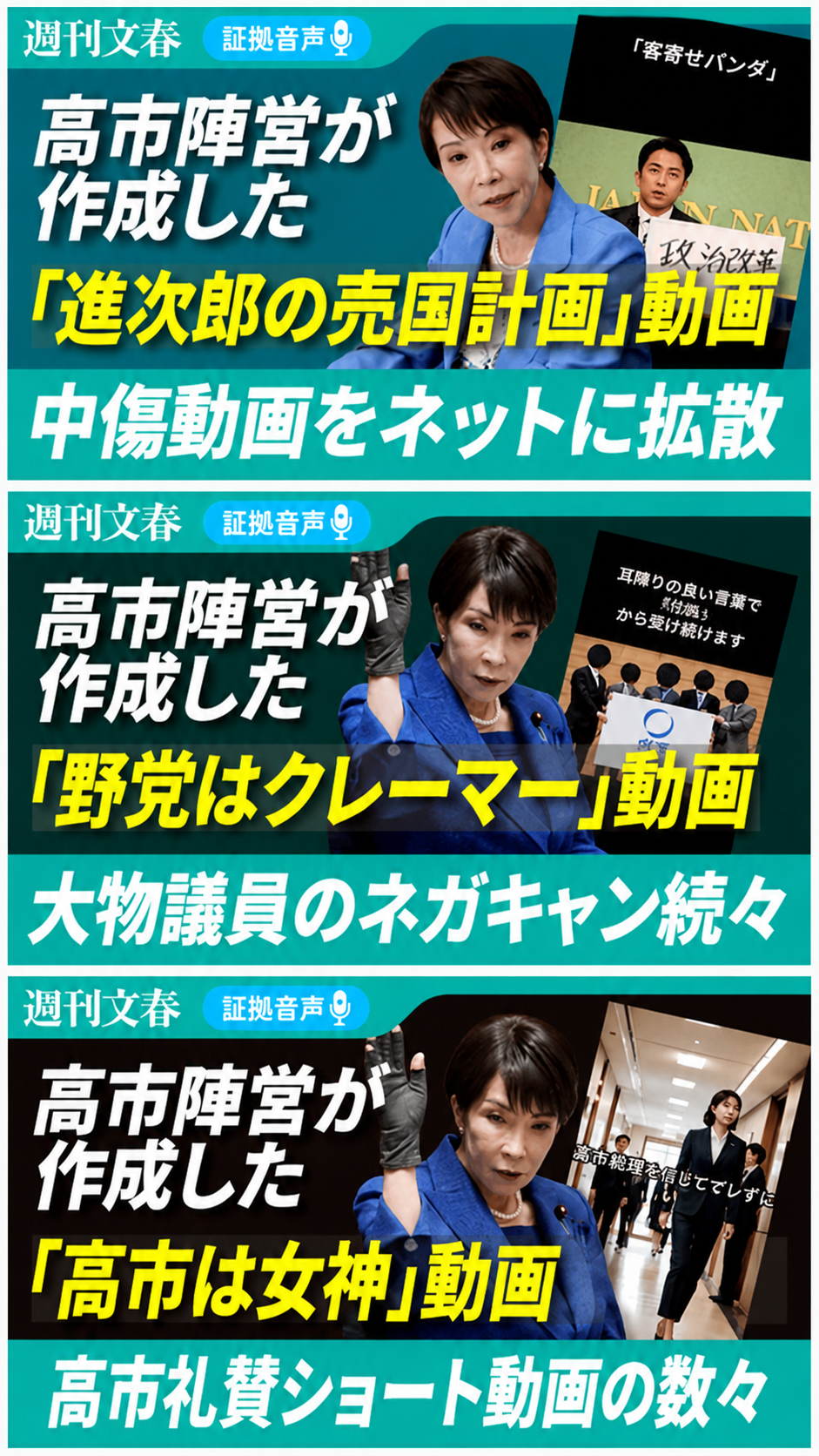 《周刊文春》揭露“高市团队制作的AI视频”，原视频标题分别是：“（小泉）进次郎的卖国计划”、“在野党是事儿妈（原词意更接近‘恶意投诉狂’）”、“高市是女神”。来源：网络