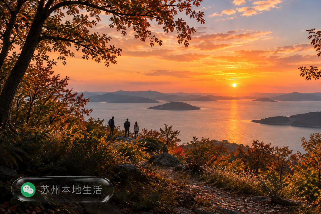 太湖岸边低缓山脊上的徒步者静静观看橙粉色晚霞。