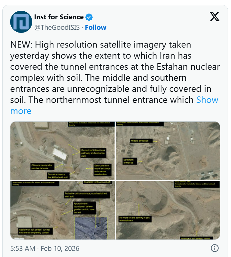 卫星图像:伊朗伊斯法罕核设施入口被土掩埋