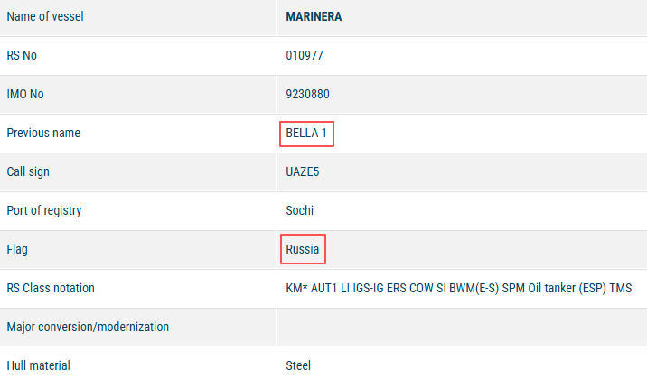 “贝拉1”号已更名为“马里内拉”号,出现在俄罗斯官方船舶登记册中