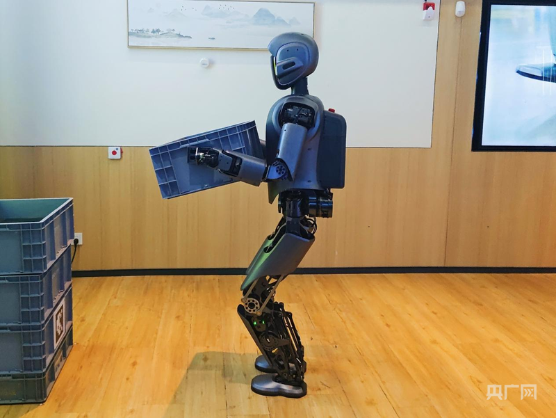 正在演示货物搬运的人形机器人(央广网记者 郑少纯 摄)