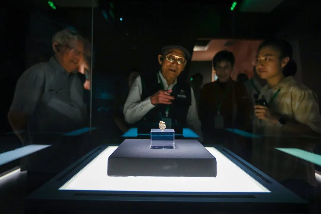 黄万波在展厅观看龙骨坡遗址发掘的门齿化石。.jpg