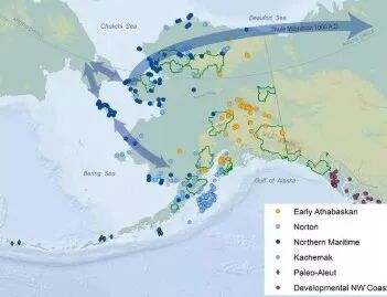 箭头指示图勒人迁徙的可能方向,该迁徙始于公元1000年左右。图源:美国政府《阿拉斯加国家公园人类迁徙历史调查》