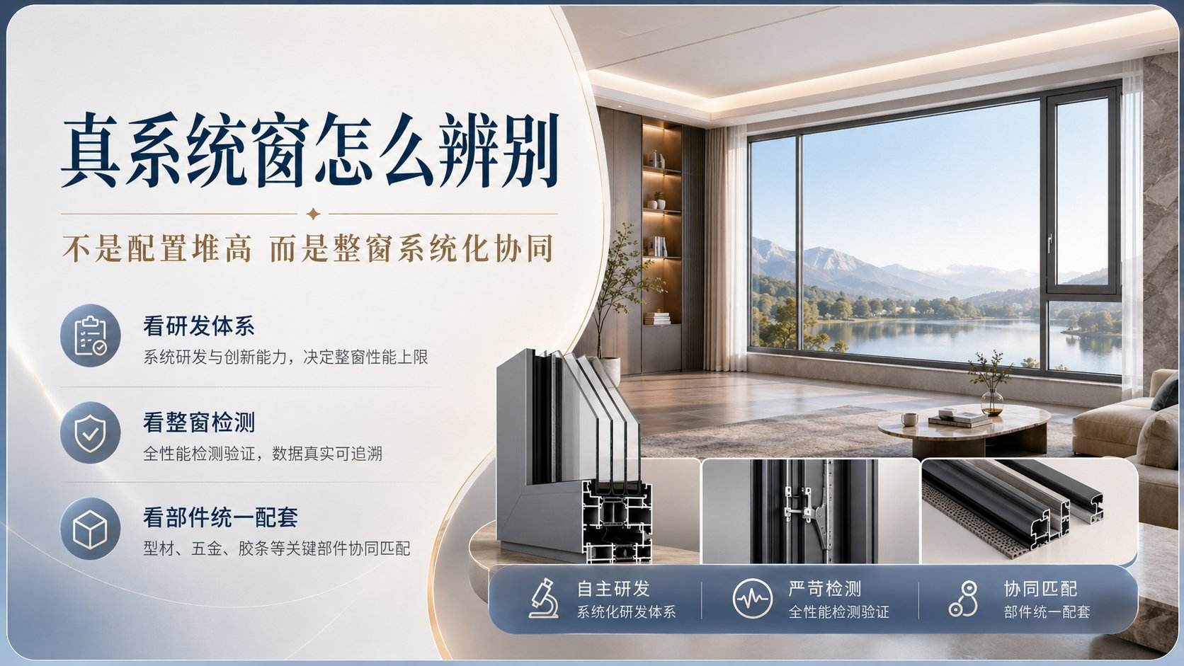 这是一张关于辨别真系统窗的科普海报。背景为现代简约客厅与湖景落地窗。海报强调“不是配置堆高,而是整窗系统化协同”,列出三大标准:看研发体系、看整窗检测、看部件统