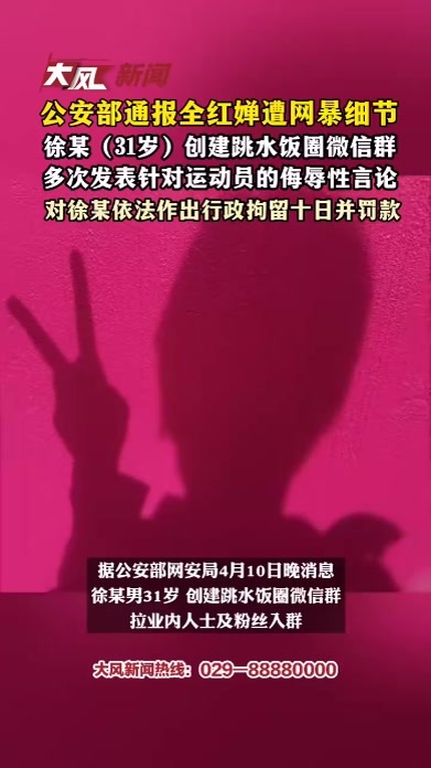 公安部通报全红婵遭网暴细节，徐某（31岁）创建跳水饭圈微信群，多次发表针对运动员的侮辱性言论，对徐某依法作出行政拘留十日并罚款