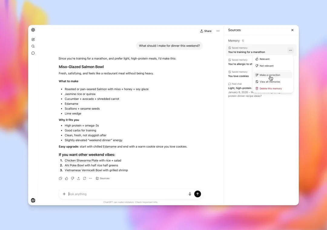 ChatGPT interface showing personalized meal recommendations generated using saved memory and connected apps.
