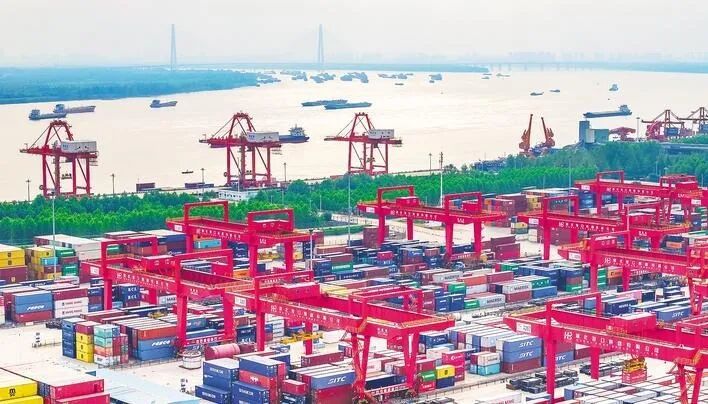 7月20日,长江之畔,武汉阳逻港一片繁忙。 (湖北日报全媒记者 薛婷 见习记者 张思涵 摄)