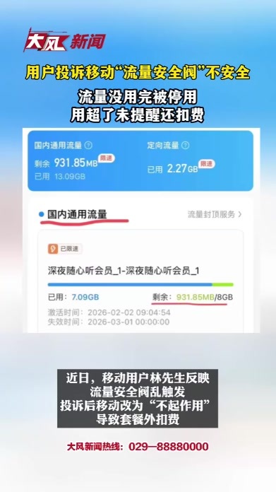 用户投诉移动“流量安全阀”不安全：流量没用完被停用，用超了未提醒还扣费