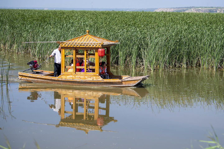 游客乘船在大同桑干河国家湿地公园游览。（新华每日电讯记者杨晨光摄）