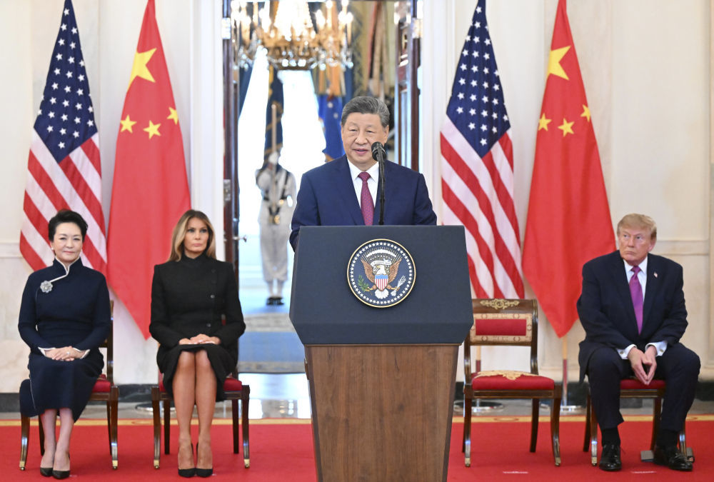 当地时间9月24日上午,美国总统特朗普在白宫举行隆重仪式,热烈欢迎中国国家主席习近平对美国进行国事访问。这是习近平致辞。新华社记者 李响 摄