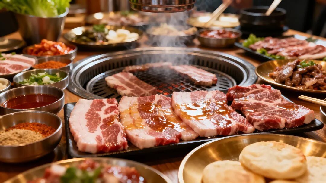 摄图网_603865717_烤肉架上烤着肉周围摆满食材和调料（企业商用）.jpg