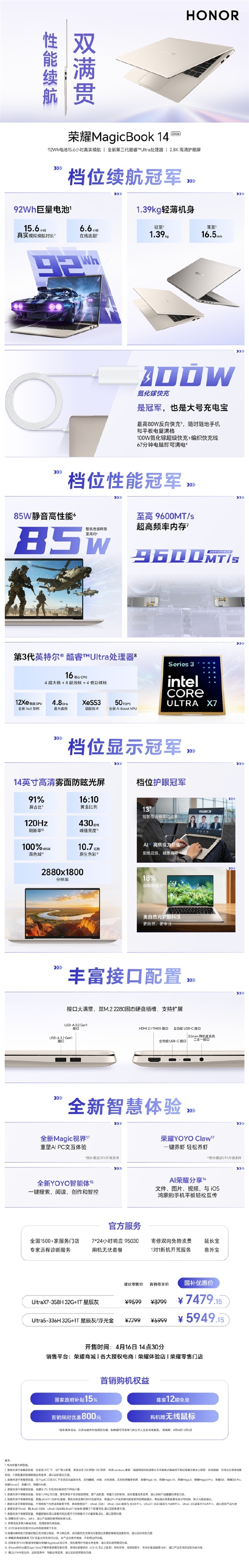 一图看懂荣耀MagicBook 14：92Wh超大电板 能80W给手机充电