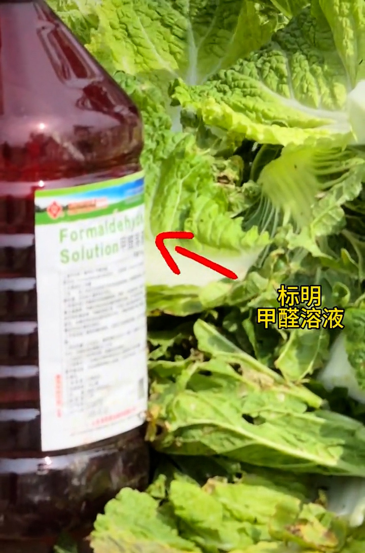 视频中拍摄到装载白菜的货车上有标注“甲醛溶液”的瓶子