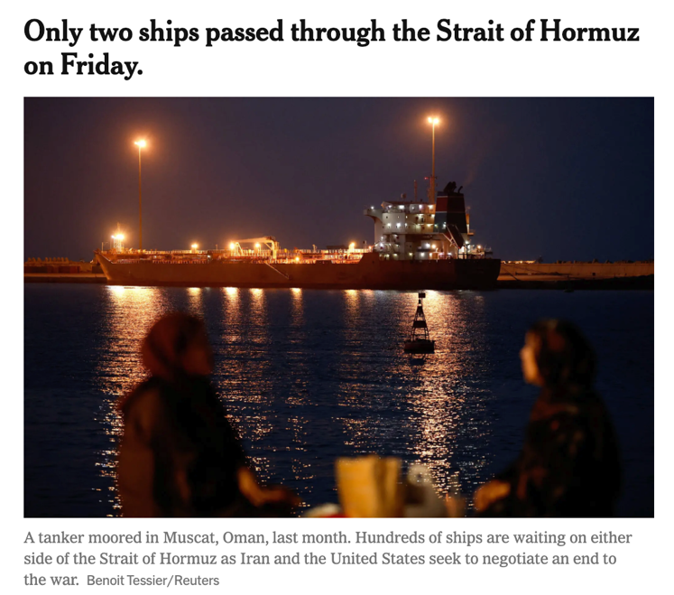 △《纽约时报》报道,4月10日(周五)当天,仅有两艘船驶过霍尔木兹海峡,是周二宣布停火以来通过海峡的船只最低数量。