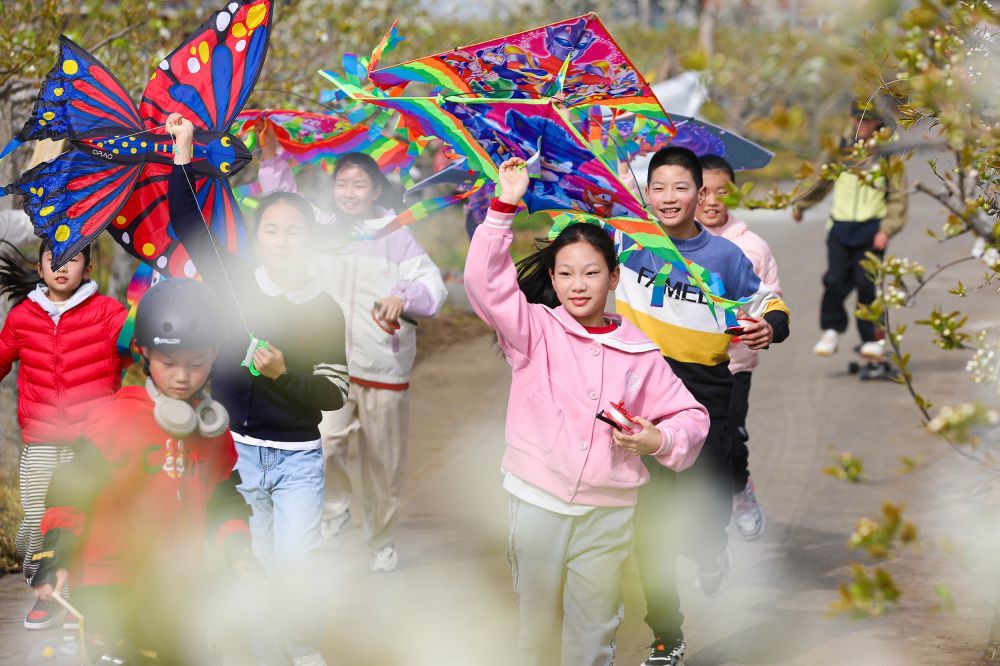 ↑4月4日，江苏省海安市大公镇中心小学学生在于坝村梨园游玩。新华社发（顾彬斌摄）