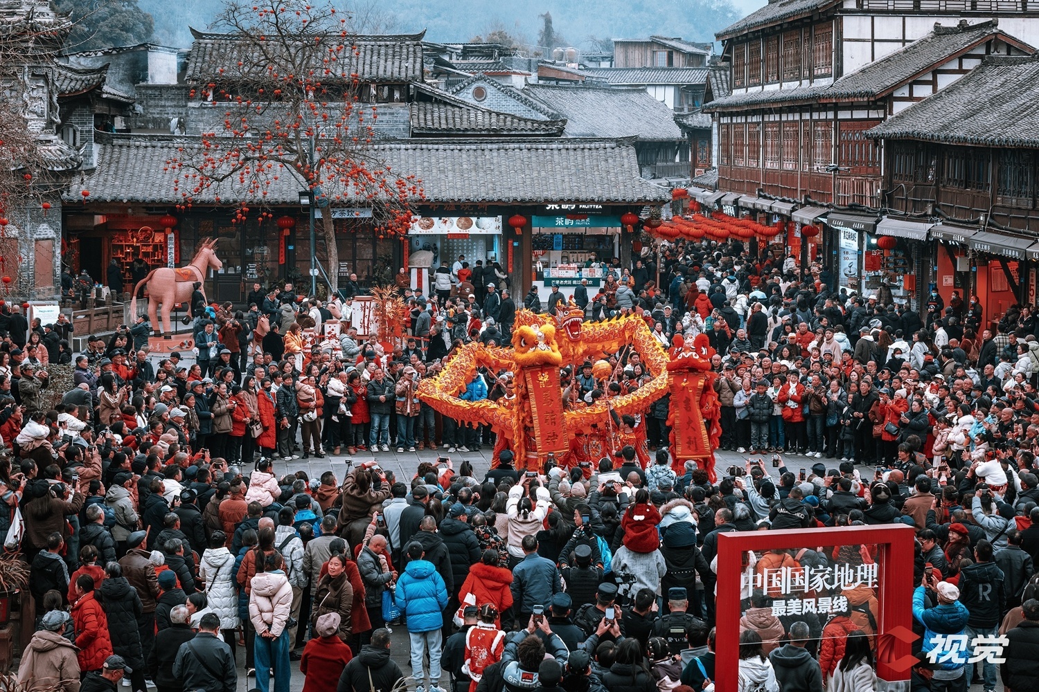 2月17日,成都崇州市街子古镇,一场精彩纷呈的龙狮表演在银杏广场火热上演。