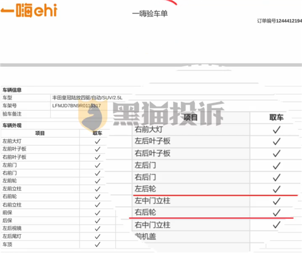 车主投诉一嗨租车轮胎报废了车还往外租:轮胎磨出钢丝 验车单上却全打勾