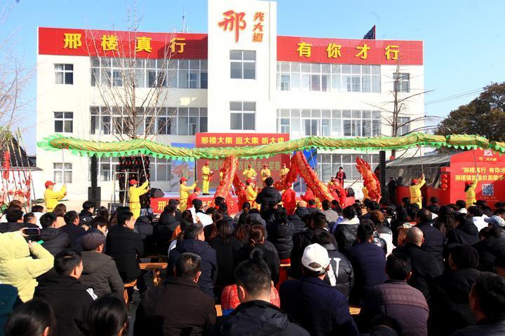 在江苏邳州邢楼镇农民歌手大奖赛总决赛现场,舞狮演员正进行暖场表演(2月14日摄)。蒯创摄