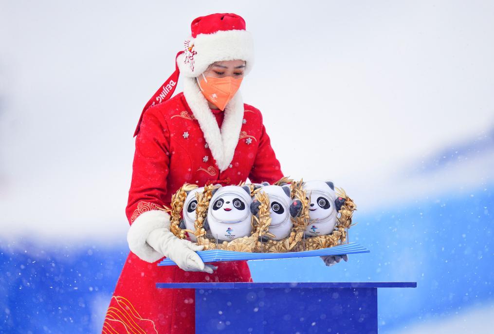 2022年2月12日,北京冬奥会纪念品颁发仪式工作人员摆放“冰墩墩”纪念品。新华社记者 许畅 摄