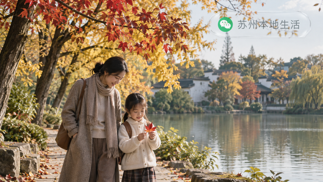 江南秋日公园里,家长陪孩子散步观察落叶,远处可见水岸与传统园林意象,表现亲子错峰休假的轻松节奏。