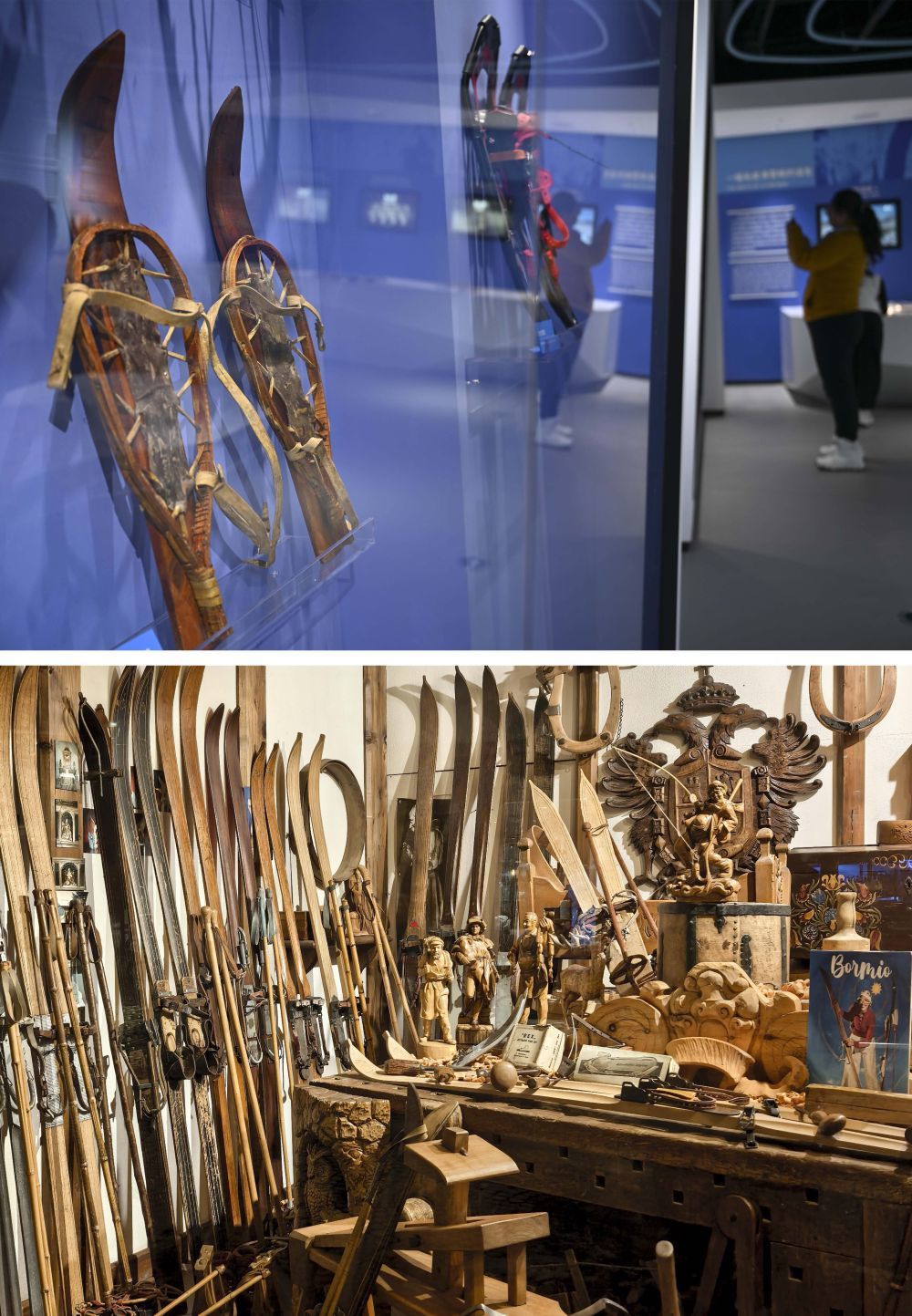拼版照片：上图为游客在中国新疆阿勒泰人类滑雪起源地博物馆参观（2025年1月24日摄）。下图为在意大利博尔米奥拍摄的一家展示老式滑雪板的门店（2026年2月5日摄）。均为新华社记者 胡虎虎 摄