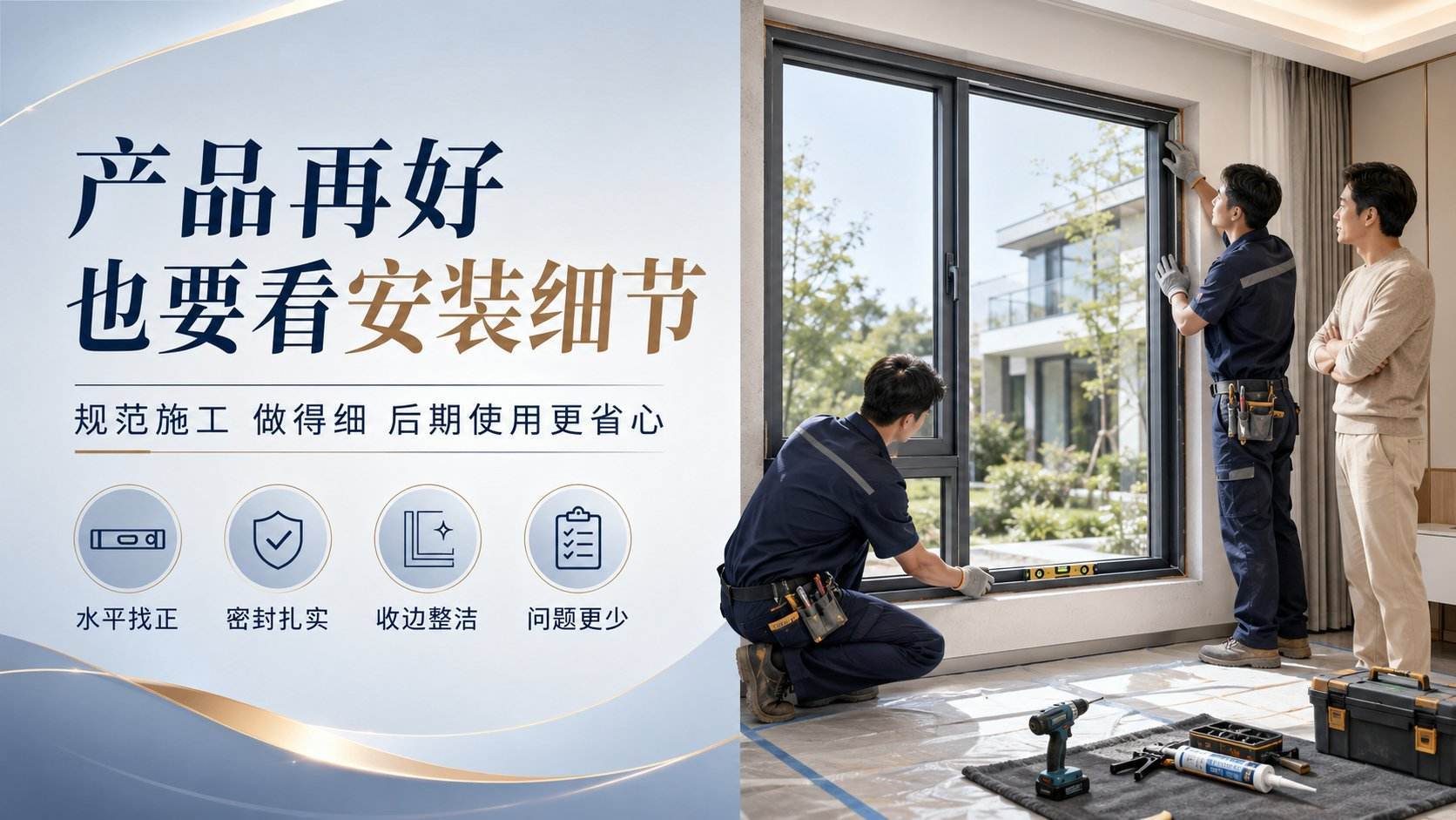 室内门窗安装施工现场，两名身穿深蓝色工装的工人正在安装黑色铝合金落地窗，一人蹲地使用水平尺找正，另一人固定窗框，业主在一旁监工。地面摆放电钻、胶枪等工具，强调规