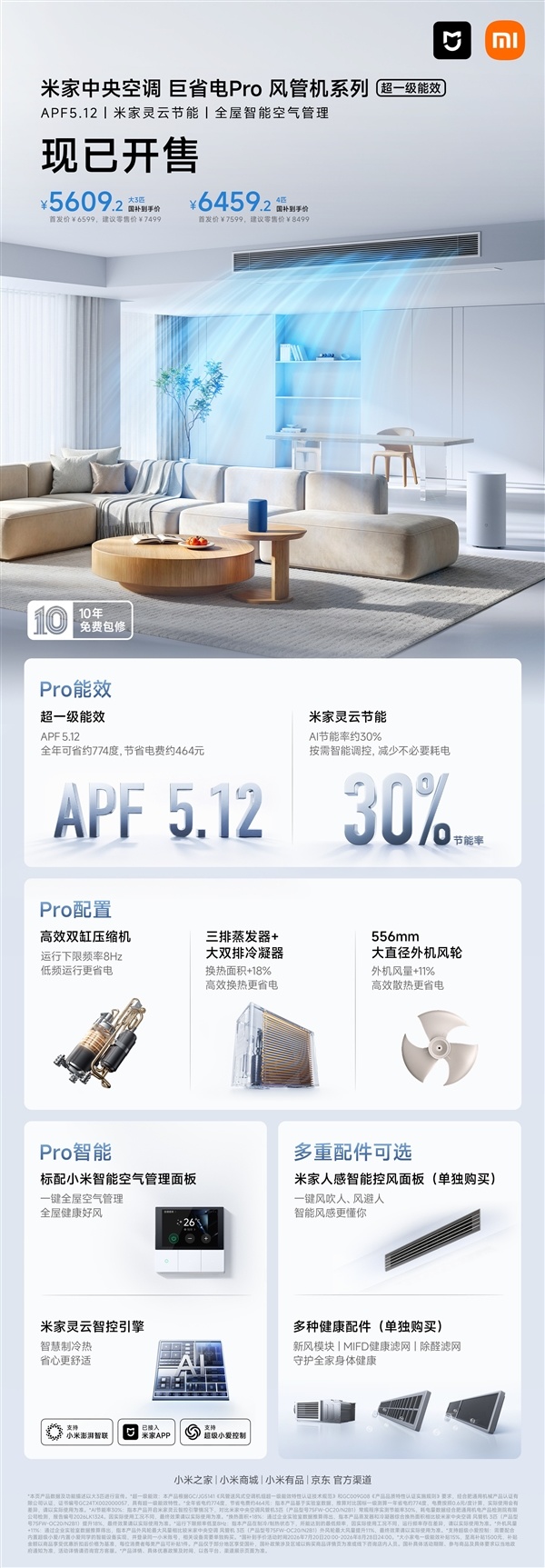 国补价5609.2元起！米家中央空调巨省电Pro风管机开售：超一级能效