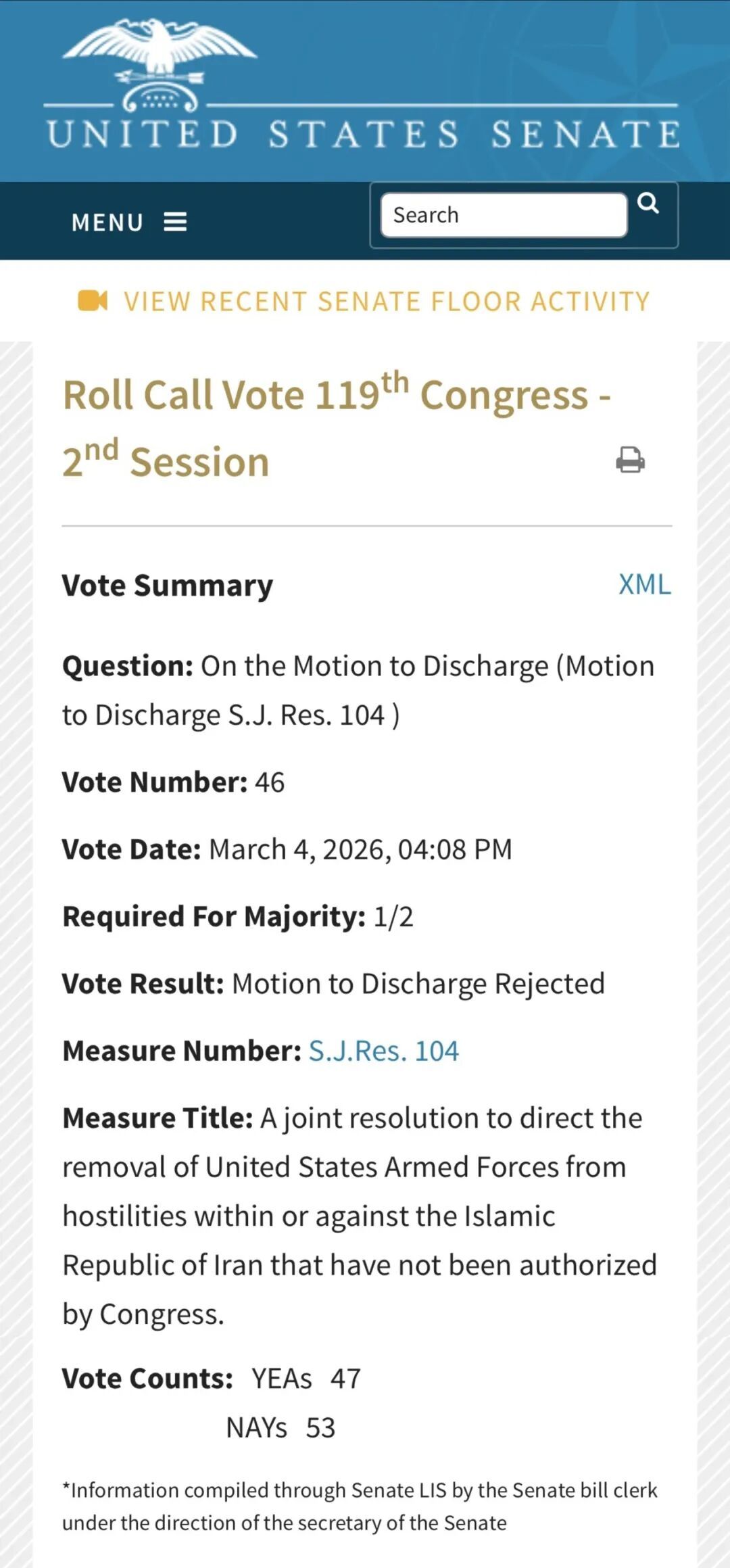 美国国会参议院“限制总统对伊朗动武”的议案未通过,47票赞成、53票反对