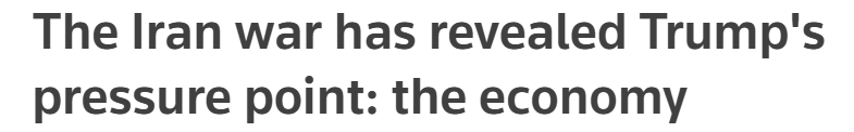 路透社报道截图。文章说，尽管白宫一直对战争引发的国内经济问题避而不谈，但很难忽视的事实是，虽然美国表面上并不依赖经由霍尔木兹海峡运输的石油，但能源价格飙升仍然冲击了美国消费者。国际货币基金组织对全球经济衰退风险的警告，更加剧了美国国内对经济前景的悲观情绪。