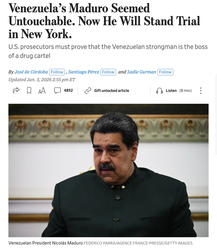 △《华尔街日报》报道,周六当天公布的起诉书以2020年指控为基础,列出马杜罗的四项罪名,包括指控其与美国认定的外国恐怖组织和贩毒集团合作等。