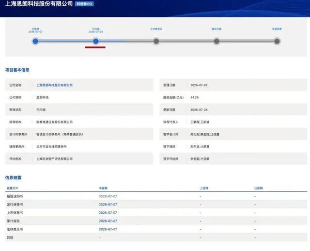 思朗科技科创板IPO申报信息公示页面