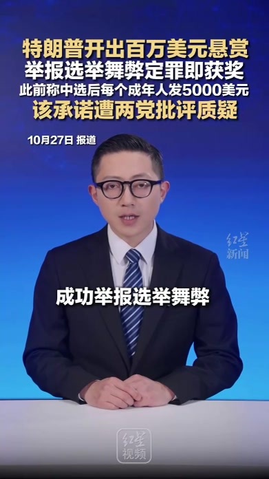 特朗普开出百万美元悬赏 举报选举舞弊定罪即获奖 此前称中选后每个成年人发5000美元 该承诺遭两党批评质疑