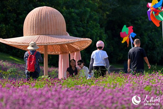 花海中的景观小品深受游客青睐。人民网记者 陈博摄