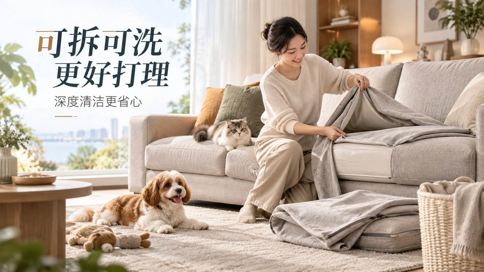 明亮温馨的客厅场景中,一位女性正在演示米色布艺沙发的可拆卸功能,轻松取下沙发套露出内部填充层,旁边有猫咪和狗狗陪伴。沙发采用亲肤布艺材质,设计简约舒适,搭配木质