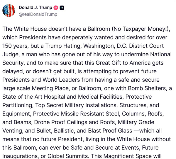 特朗普发布的其中一条贴文部分内容 社交媒体