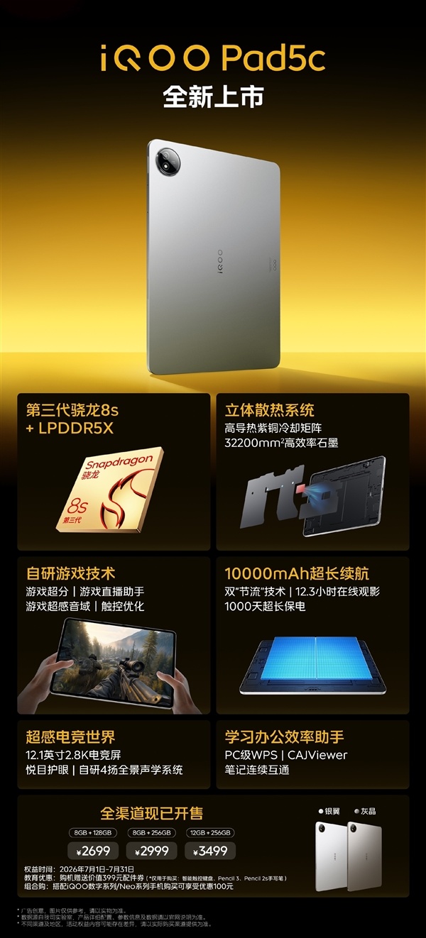 2699元起！iQOO Pad5c发布：12.1英寸大屏+第三代骁龙8s