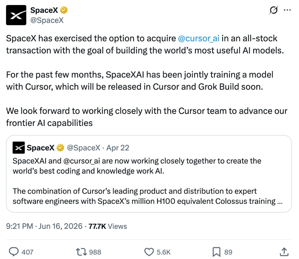 刚刚,马斯克拿下Cursor,SpaceX大涨17%