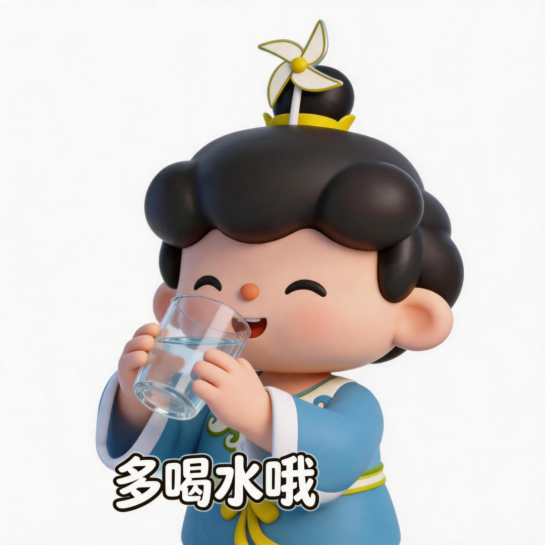 jimeng-2026-10-06-4874-相天君人物拿起水杯,开心喝水,表情包,文字“多喝水哦”.png