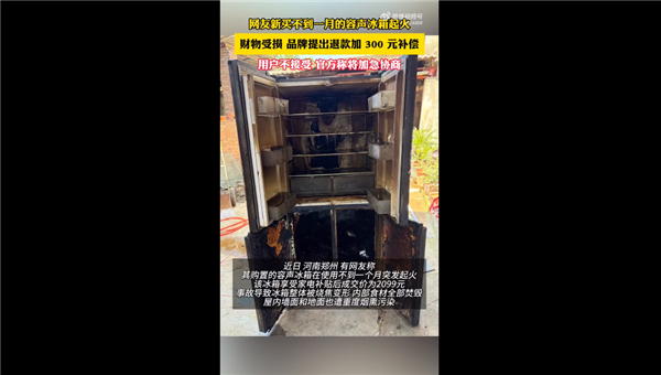 网友新买不到一月的容声冰箱起火 财务受损:官方售后想赔300了事遭拒